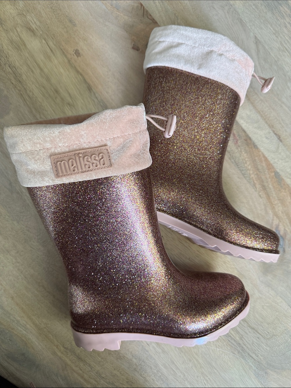 MINI MELISSA Glittery Rose Gold Rain Boots with Pink Cuffs